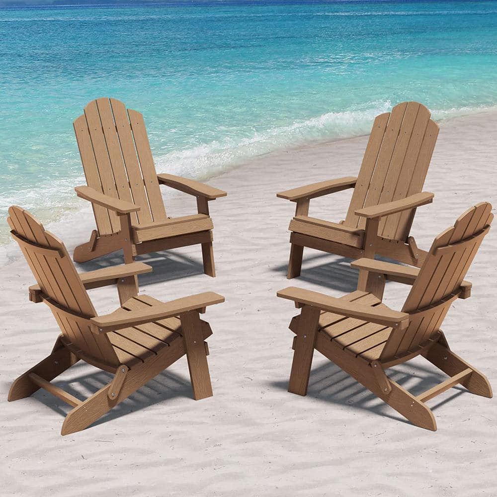 Teak Brown Plastic Folding Adirondack Armchair Set of 4