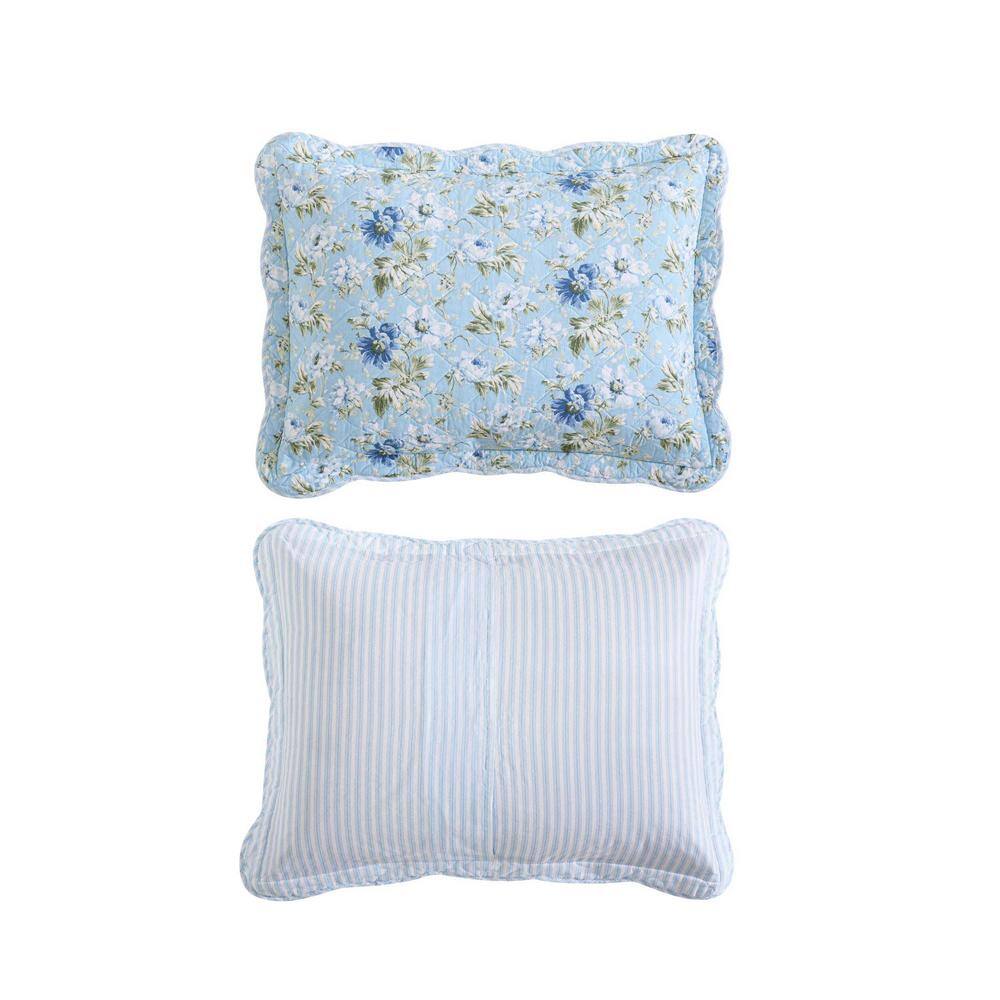 Blue Twin Cotton Reversible Quilt Set with Floral Design