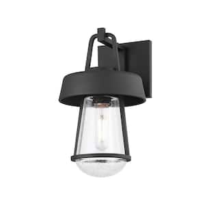 Brady 7.5 in. Textured Black Outdoor Lantern Wall Sconce with Clear Glass Shade