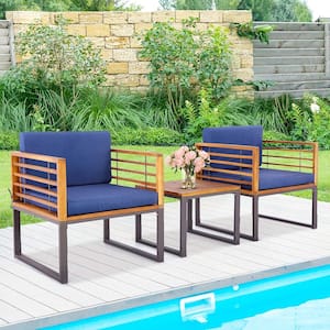 3-Pieces Acacia Wood Outdoor Bistro Patio Conversation Set Table and Chair with Navy Cushion