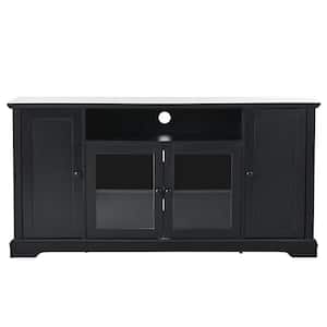 59.80 in. W x 18.90 in. D x 29.90 in. H Black Linen Cabinet TV Stand with 2-Tempered Glass Doors Adjustable Panels
