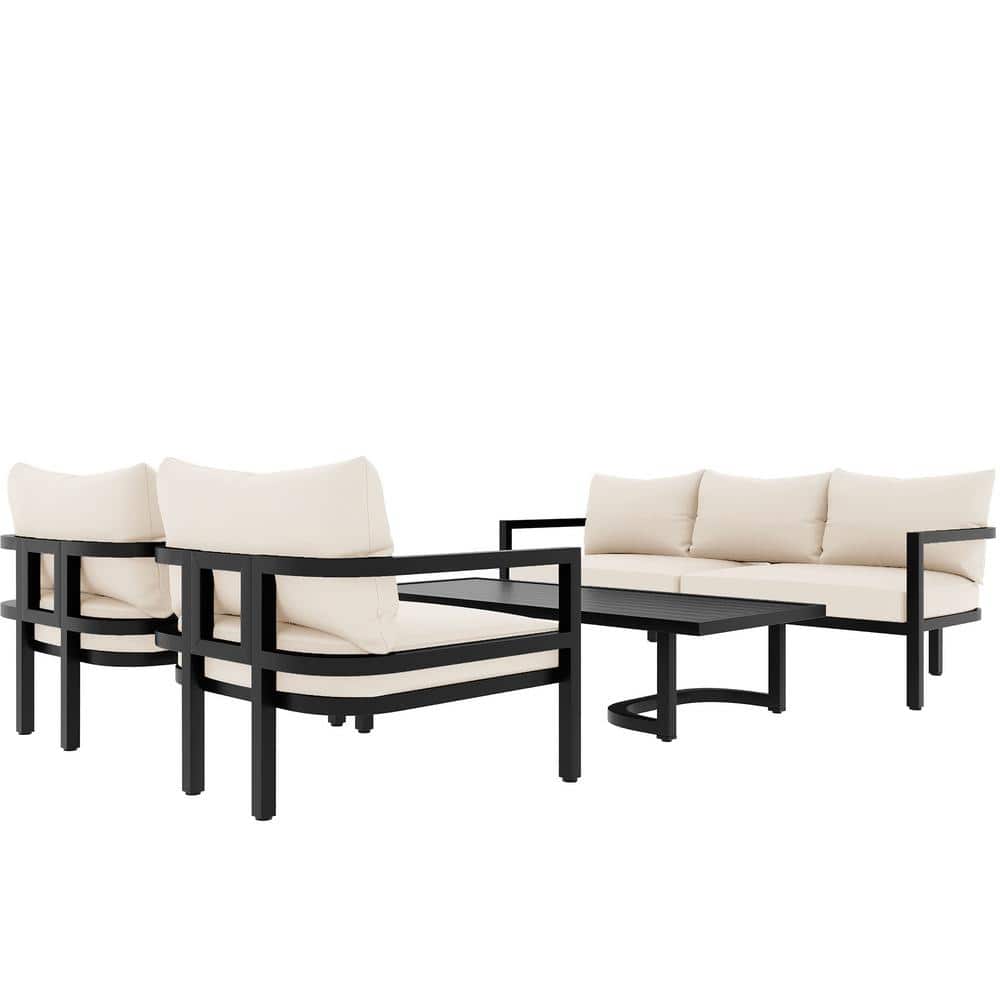4-Piece Metal Patio Conversation Set with Beige Cushions, Outdoor Steel ...