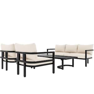 4-Piece Metal Patio Conversation Set with Beige Cushions, Outdoor Steel Sofa Set, Outdoor Patio Furniture Set with Table