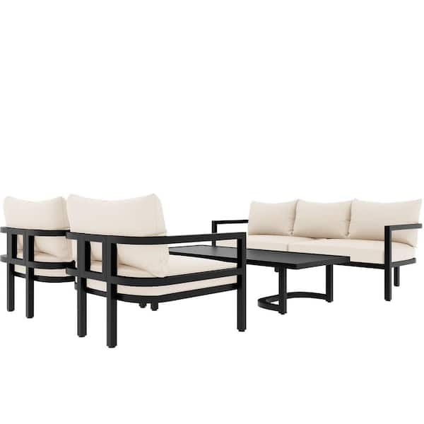 Unbranded 4-Piece Metal Patio Conversation Set with Beige Cushions, Outdoor Steel Sofa Set, Outdoor Patio Furniture Set with Table