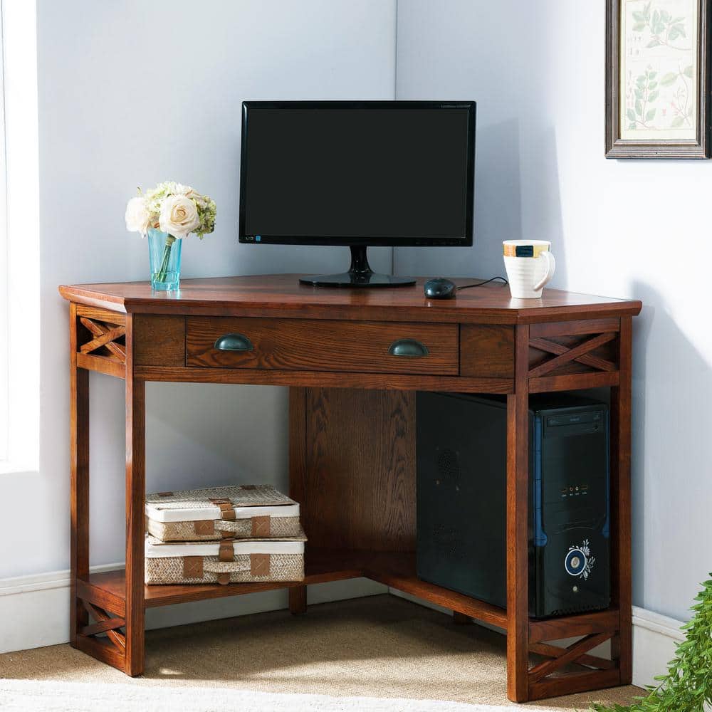 Mission-Inspired Burnished Oak Corner Desk with Keyboard Tray