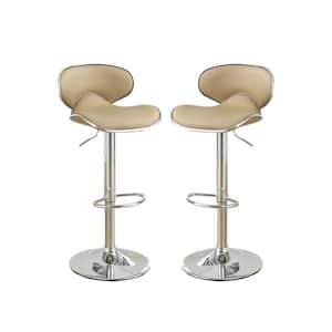44 in. Adjustable Brown Faux Leather Low Back Metal Bar Stools (Set of 2)