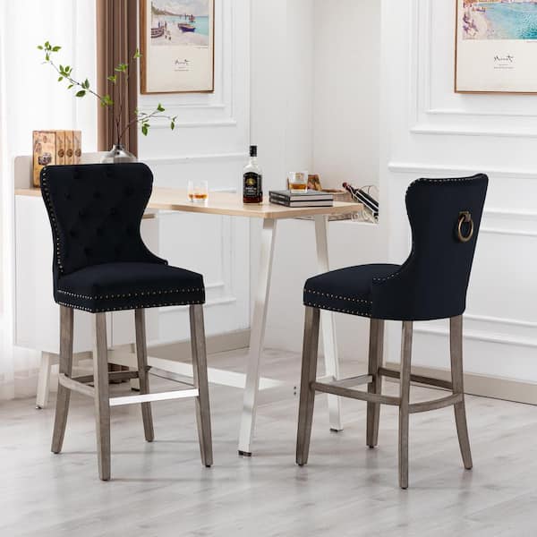 Harper 29 in. Black Velvet Tufted Wingback Kitchen Counter Bar Stool with Solid Wood Frame in Antique Gray (Set of 2)