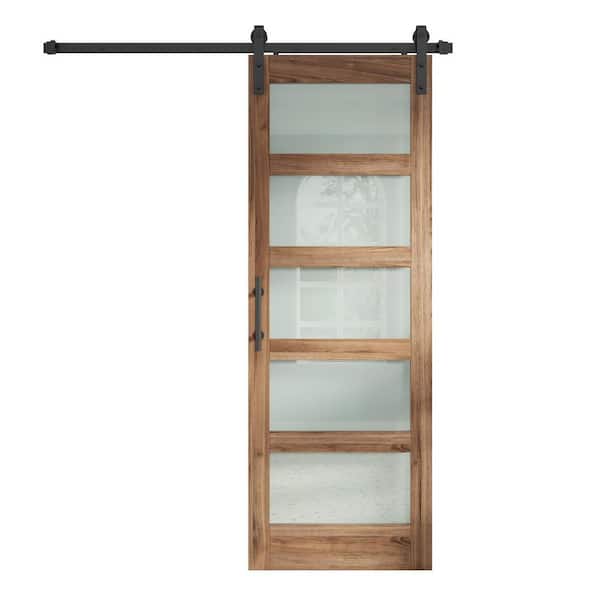 32 in. x 80 in. 5 Lite Frosted Glass Brown Finished Solid Wood Sliding Barn Door with Hardware Kit