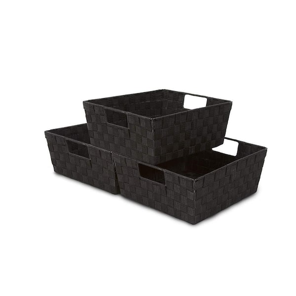 X-Large Storage Baskets for Organizing, Linen Closet Storage, Black 15 in. x 6 in. Plastic Decorative Baskets Set of 3