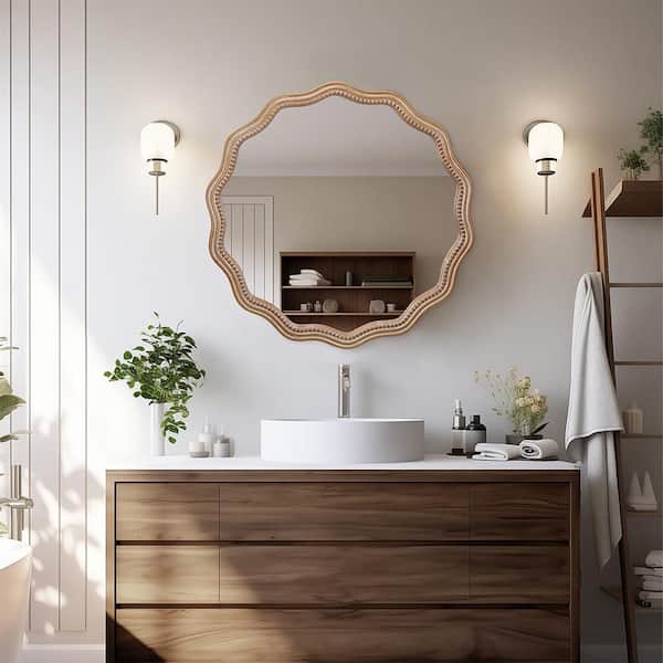 Antique Natural 23.63 in W x 23.63 in. H Art Deco Round Wood Framed Mirror Wall Mirror Wall Decor Mirror