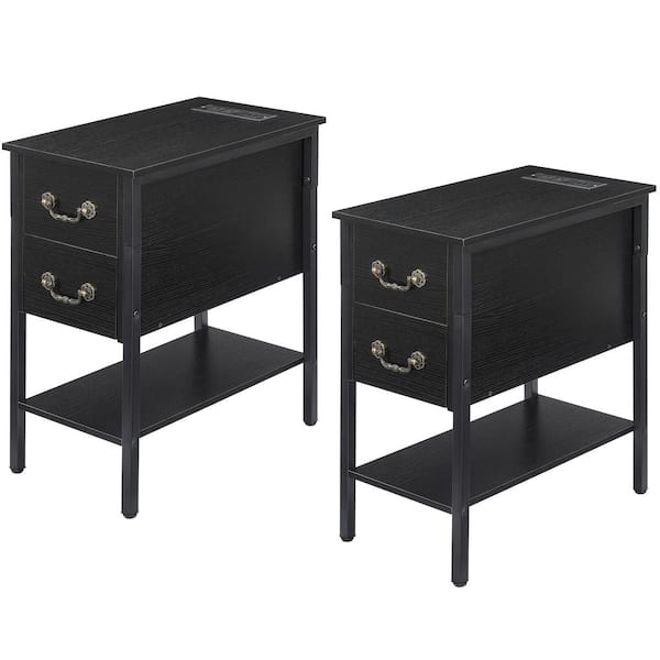 Nightstands Set with Drawers, Charging Station and USB Ports, Narrow End Tables for Bedroom, Living Room, Black Set of 2