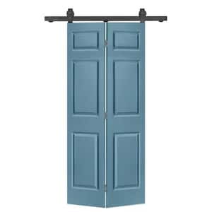 30 in. x 84 in. 6-Panel Dign Blue Painted MDF Hollow Core Composite Bi-Fold Barn Door with Sliding Hardware Kit