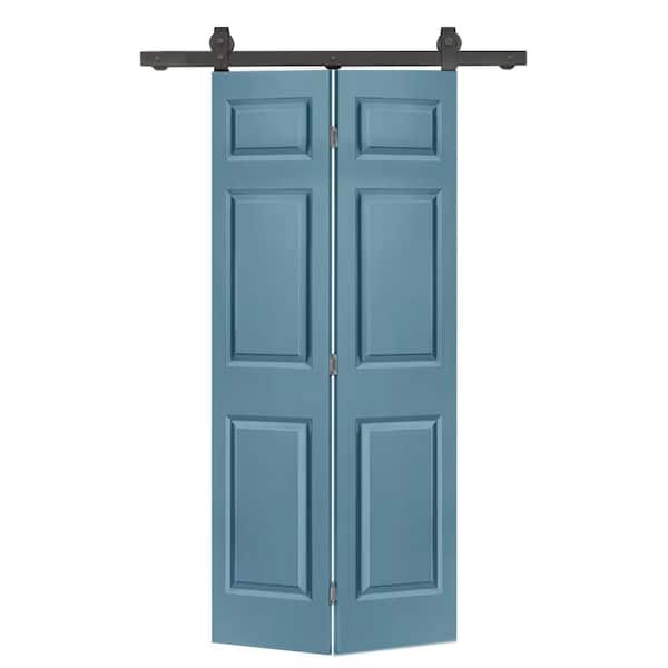 CALHOME 36 in. x 84 in. 6 Panel Hollow Core Dignity Blue Painted MDF Composite Bi-Fold Barn Door with Sliding Hardware Kit