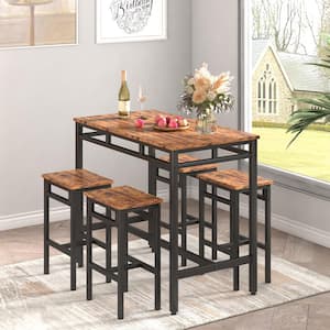 5-Piece Rustic Brown Particle Board Top Dining Table Set (Seats 4), Kitchen Counter Height Table Chair Set with 4-Stools
