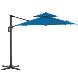 12 ft. 2-Tier Aluminum Patio Offset Umbrella Cantilever Umbrella, Fade Resistant and 6-Level 360°Rotation in Royal Blue