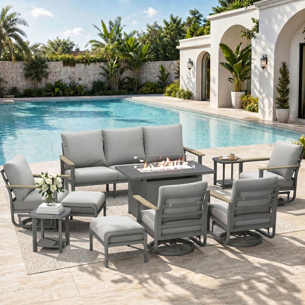 10-Piece Aluminum Patio Conversation Set with 55000 BTU Propane Fire Pit Table, Seats up to 7, Light Gray Cushions price history on PriceWatchPro