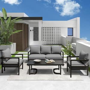 Multi-Person Sofa Set of 4-Piece Metal Outdoor Sectional Set with Gray Cushions Waterproof, Anti-Rust and Anti-UV