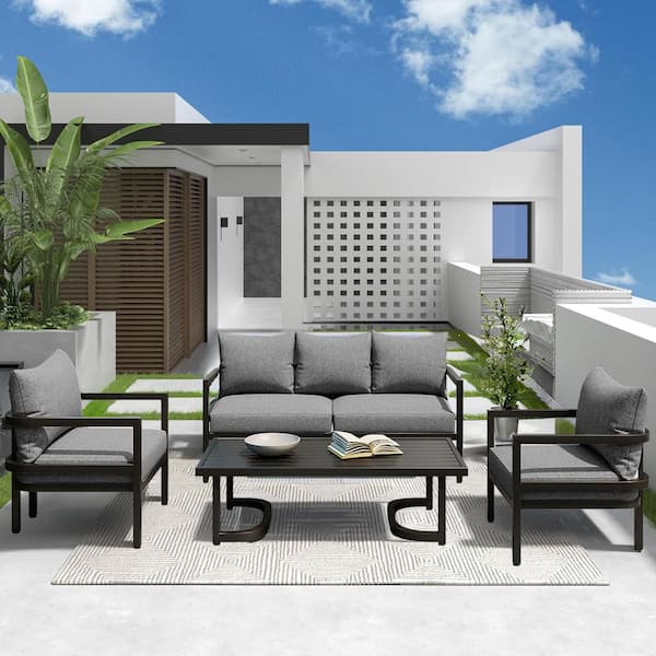 Unbranded Multi-Person Sofa Set of 4-Piece Metal Outdoor Sectional Set with Gray Cushions Waterproof, Anti-Rust and Anti-UV