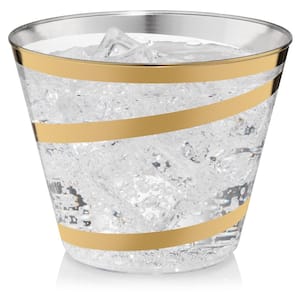 9 oz. Swirl Line Gold Rim Clear Disposable Plastic Cups, Party, Cold Drinks, (110/Pack)
