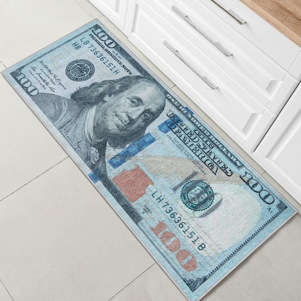 Money Dollar Green Blue 2 ft. x 5 ft. Front Novelty Printed Runner Area Rug
