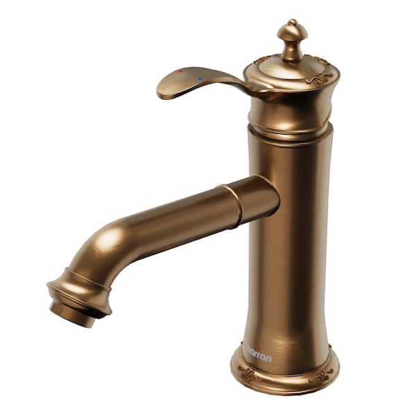 Karran Vineyard Single-Handle Single-Hole Basin Bathroom Faucet with Matching Pop-Up Drain in Brushed Copper