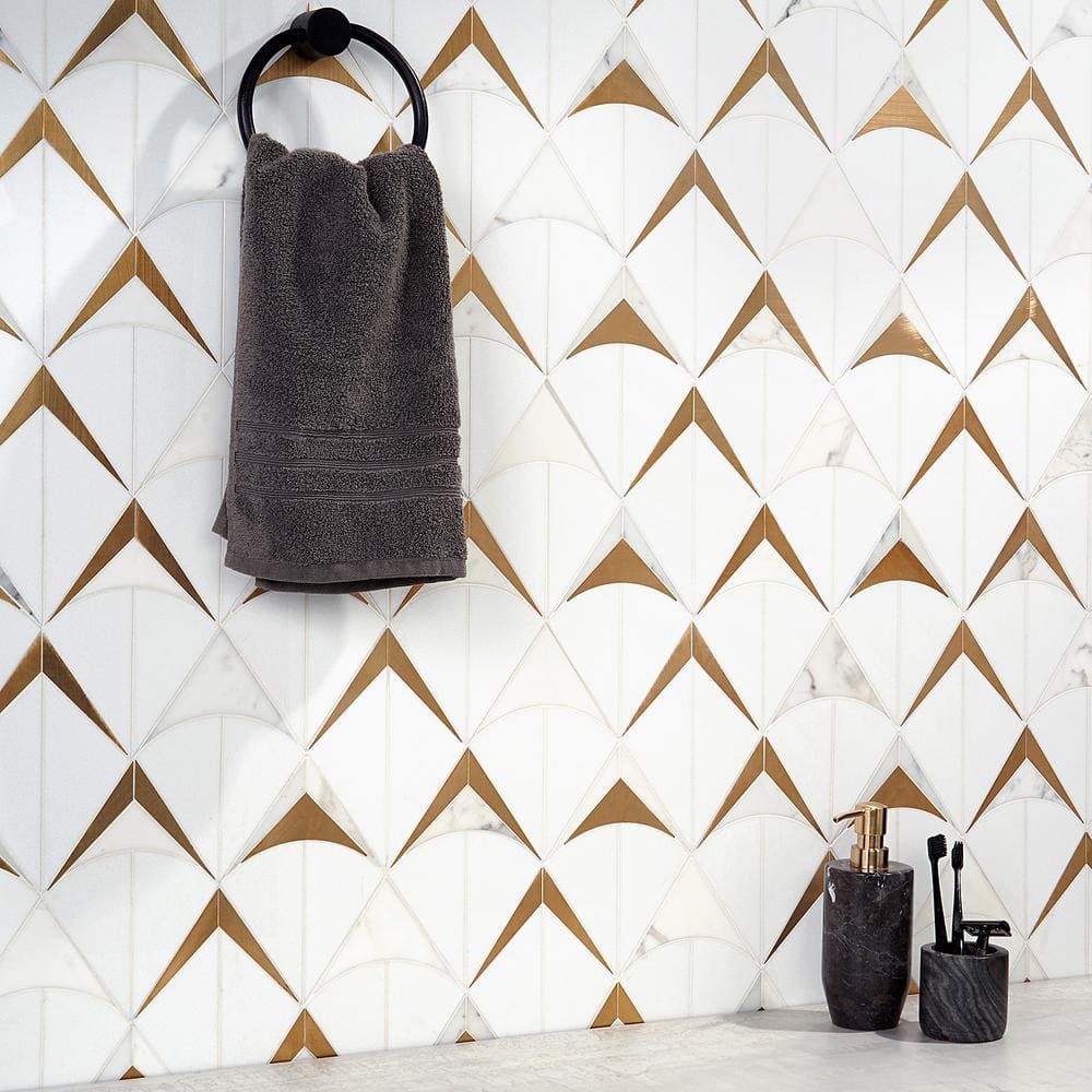 Larvotto White and Brass Polished Marble Mosaic Wall Tile