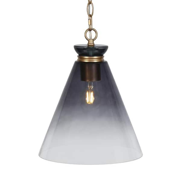 Modern Coastal 1-light Smoke-Gray Pendant Light with Hand Blown Cone Glass Shade, Dark Gold Hanging Lamp for Dining Room