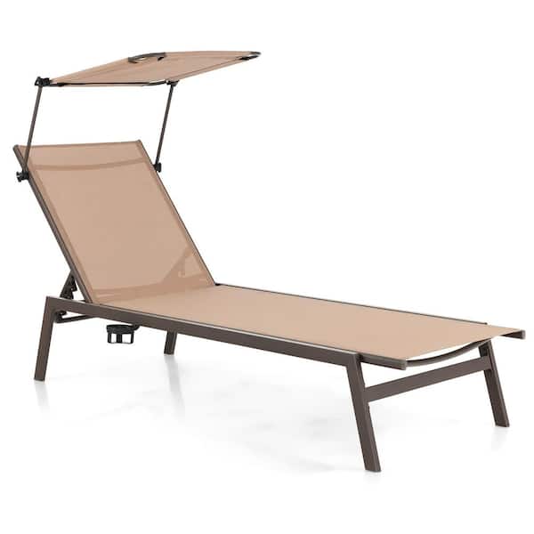 Costway Brown Metal Outdoor Chaise Lounge Chair with Sunshade 6-Level Adjustable Recliner Backyard