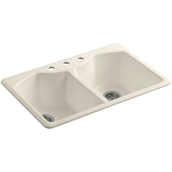 KOHLER Bellegrove Drop-In Cast-Iron 33 in. 3-Hole Double Bowl Kitchen Sink with Accessories in Almond