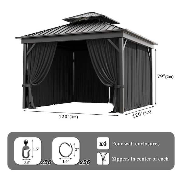 10 ft. x 10 ft. Universal Outdoor Privacy Curtains, Gazebo Replacement with Zipper Black (4-Side Curtain Only)
