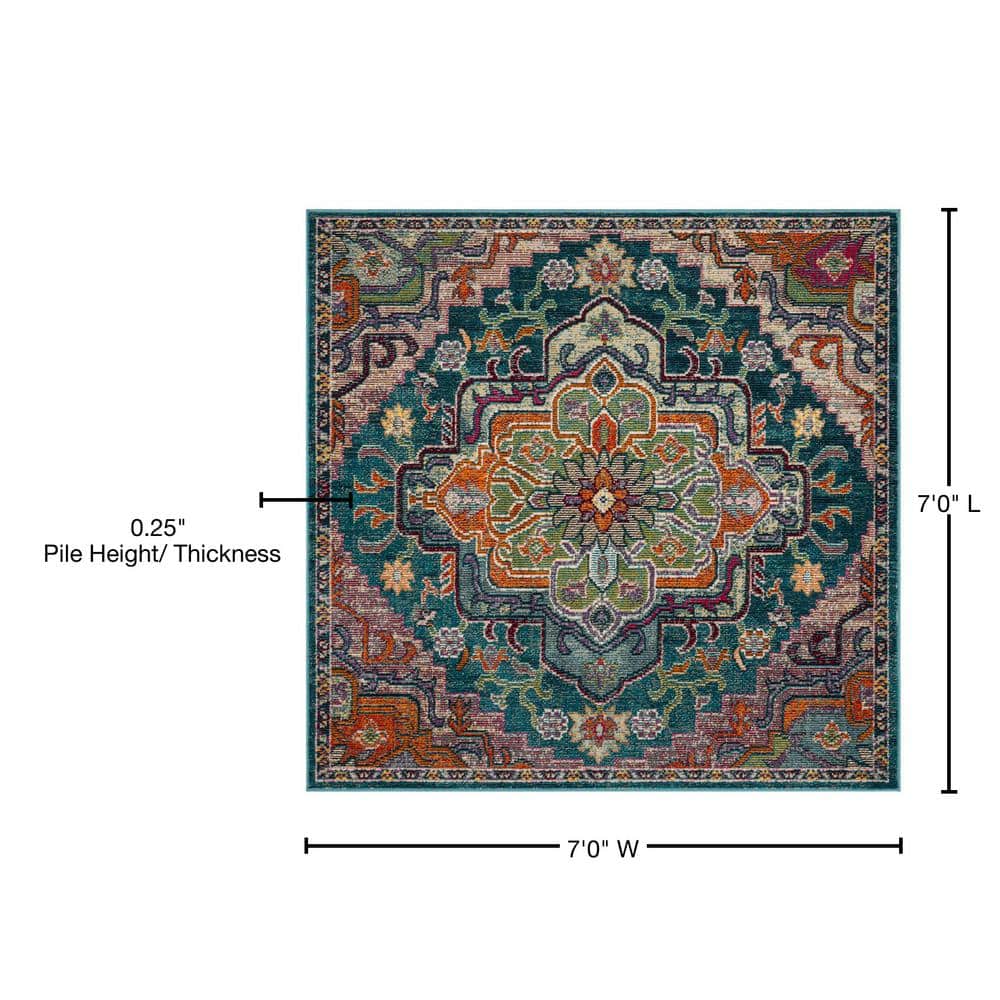 Teal and Rose Oriental Square Easy-Care Synthetic Rug