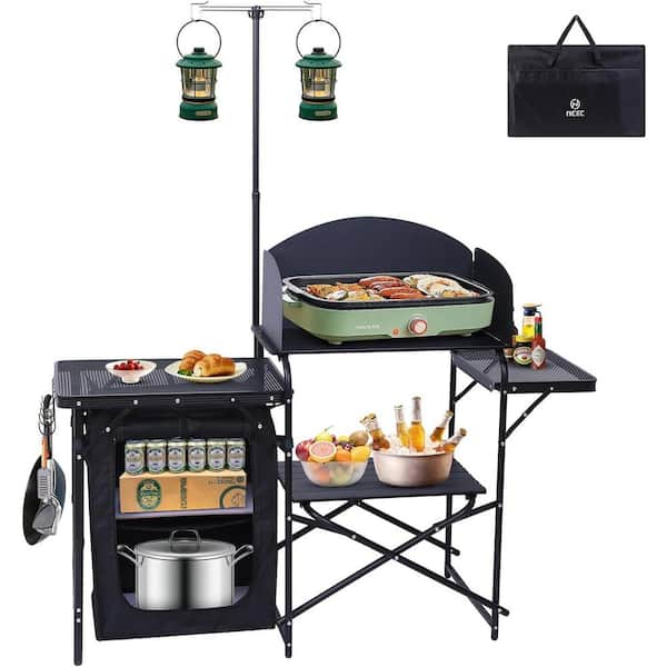 MUKE Camping Kitchen Station Camping Table Grill Folding Table Upgrade Light Stand