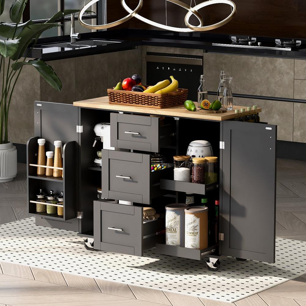 Black Wooden 51.49 in. Kitchen Island with 3-Drawer, 2-Slide-Out Shelf, Spice Rack and Tower Rack, Rolling -  FUNKOL, LHKitchIsland-A