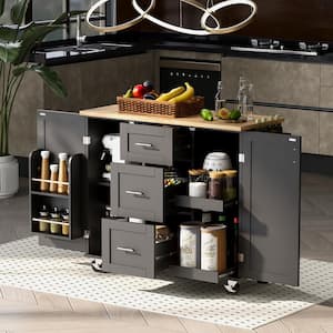 Black Wooden 51.49 in. Kitchen Island with 3-Drawer, 2-Slide-Out Shelf, Spice Rack and Tower Rack, Rolling