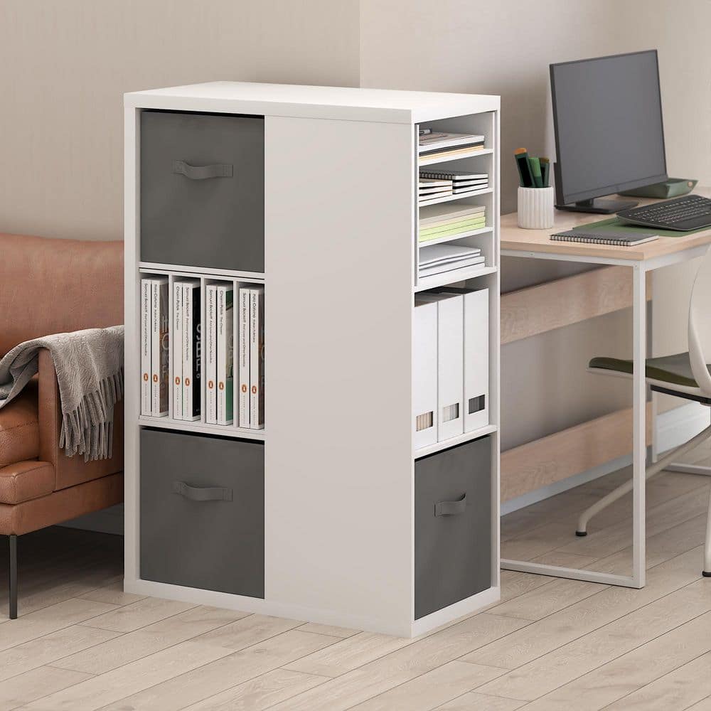 Viola 43.82 in. Tall White/Light Grey Wood 3-Shelf Standard Bookcase with 3 Storage Bins