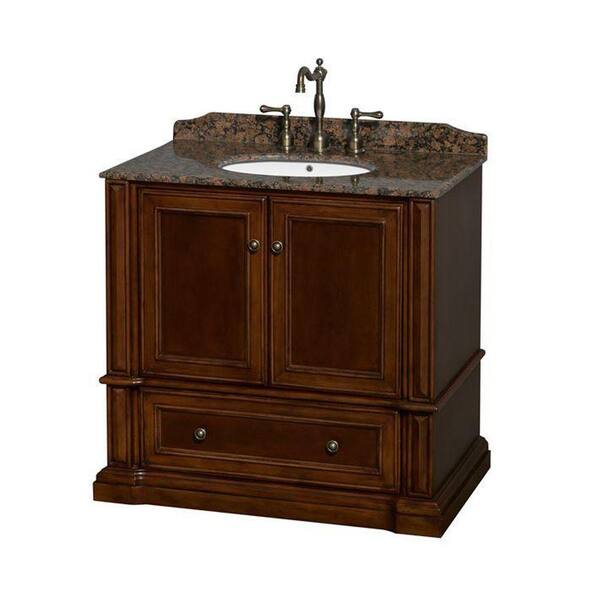 Wyndham Collection Rochester 37.5 in. Vanity in Cherry with Granite Vanity Top in Baltic Brown and Oval Sink