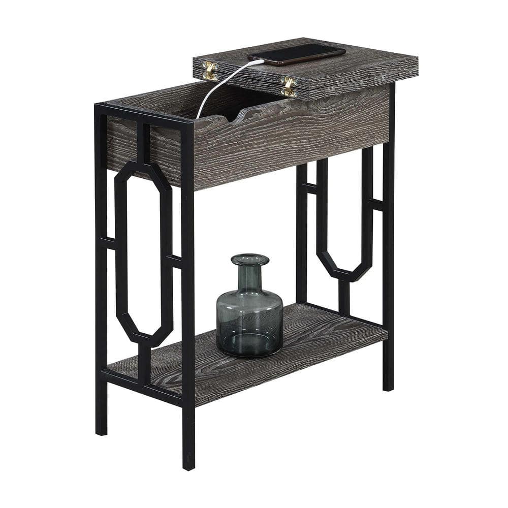 Weathered Gray Wood and Black End Table with Charging Station