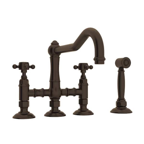 Two Handle Bridge Kitchen Faucet with Sidespray in Tuscan Brass