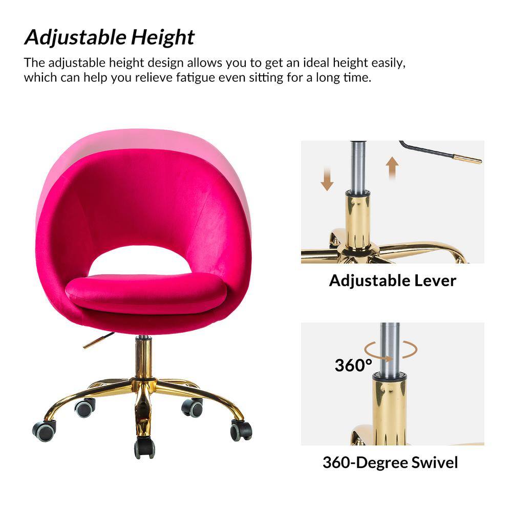 Ergonomic Fuchsia Velvet Swivel Task Chair with Gold Metal Base
