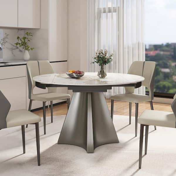 31 in. to 51 in. Round Pandora Sintered Stone Extendable with Gunmetal Gray Pedestal Dining Table, (Seats 6)