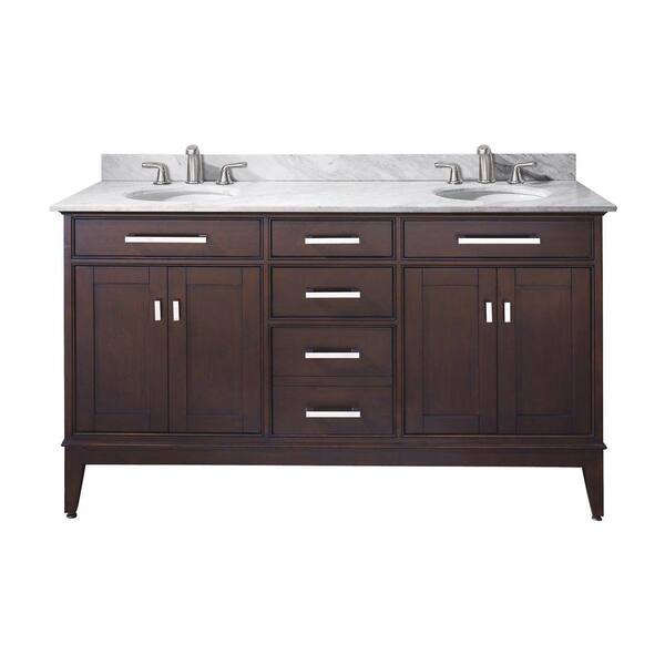 Avanity Madison 61 in. W x 22 in. D x 35 in. H Vanity in Light Espresso with Marble Vanity Top in Carrera White and Basins