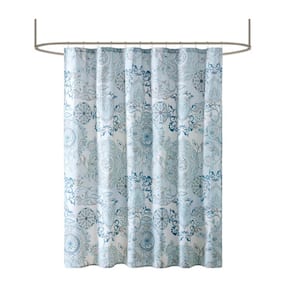 72 in. W x 72 in. L Cotton Percale Floral Printed Shower Curtain in Blue for Showers, Saunas & Tubs