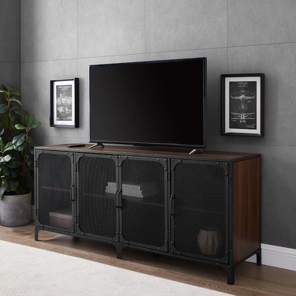 Walker Edison Furniture Company 60 in. Dark Walnut Composite TV Stand Fits TVs Up to 66 in. with Storage Doors