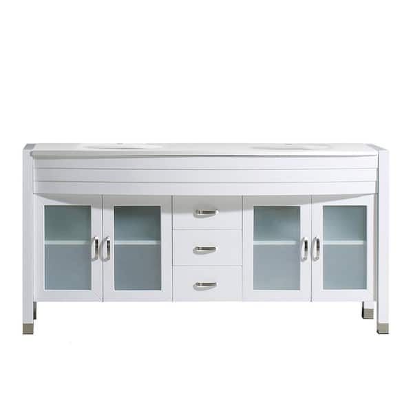 Virtu USA Ava 63 in. W Bath Vanity in White with Stone Vanity Top in White Stone with Round Basin