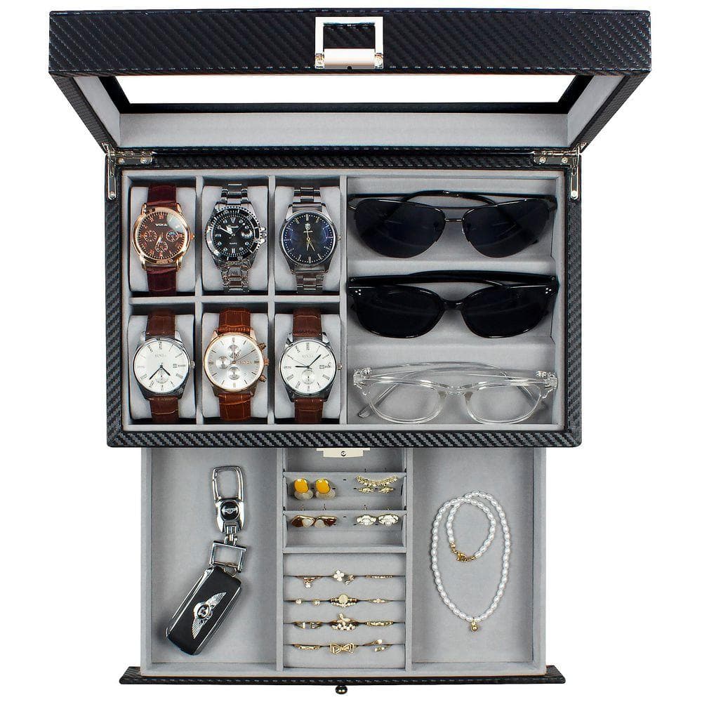 6-Slot Watch Box with 3 Sunglass Slots-Glass Lid Jewelry Organizer