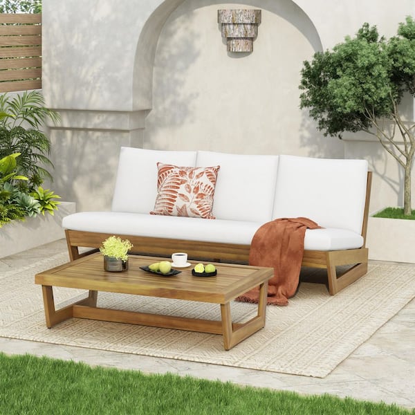 Canterbury 2-Piece Solid Wood Patio Conversation Set Outdoor Coffee Table and Sofa with White Cushions, Teak Finish
