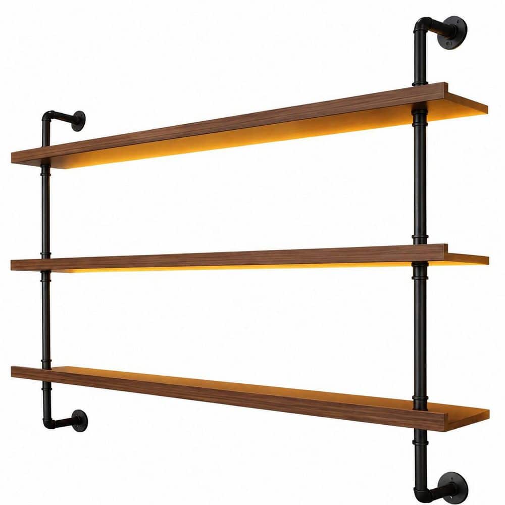 70-Bottle Black 3-Tier LED Wall-Mounted Wine Rack with Solid Wood Shelves, 39 in. Wide for Home Bars