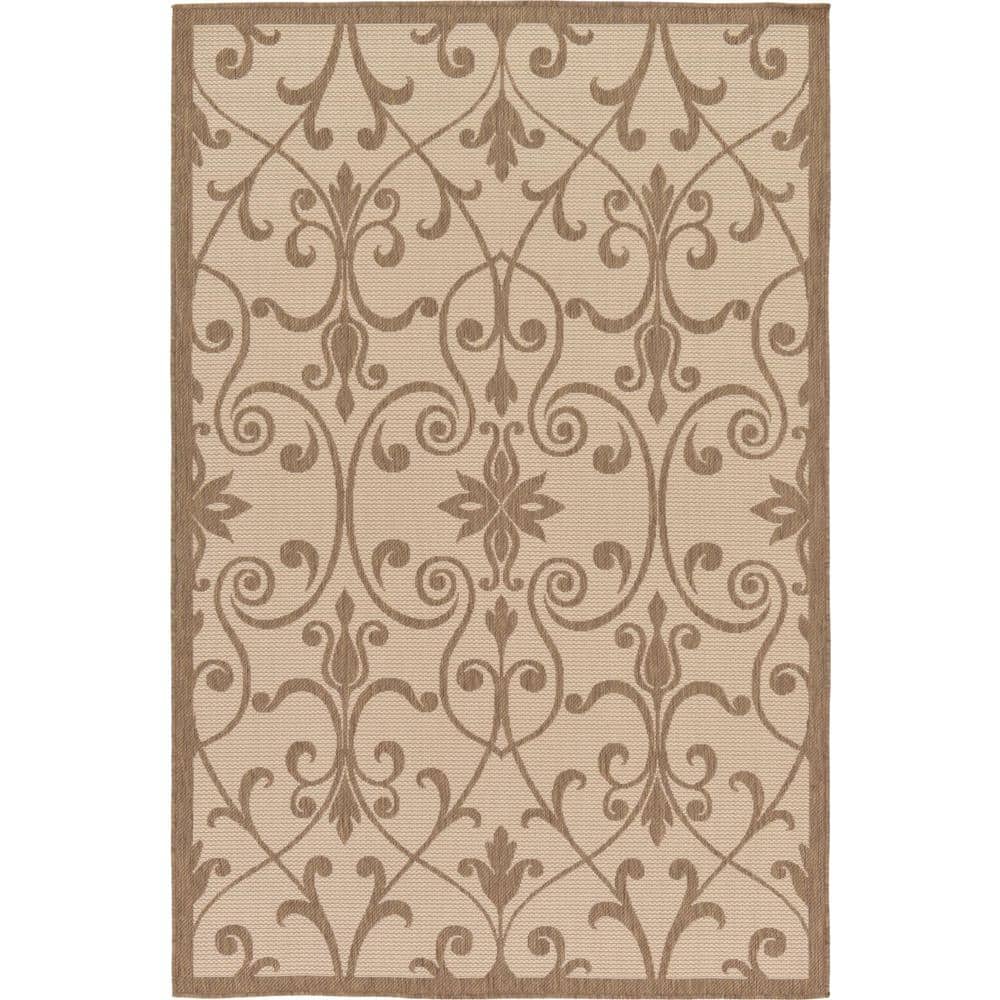 Brown and Beige Rectangular Synthetic Outdoor Area Rug