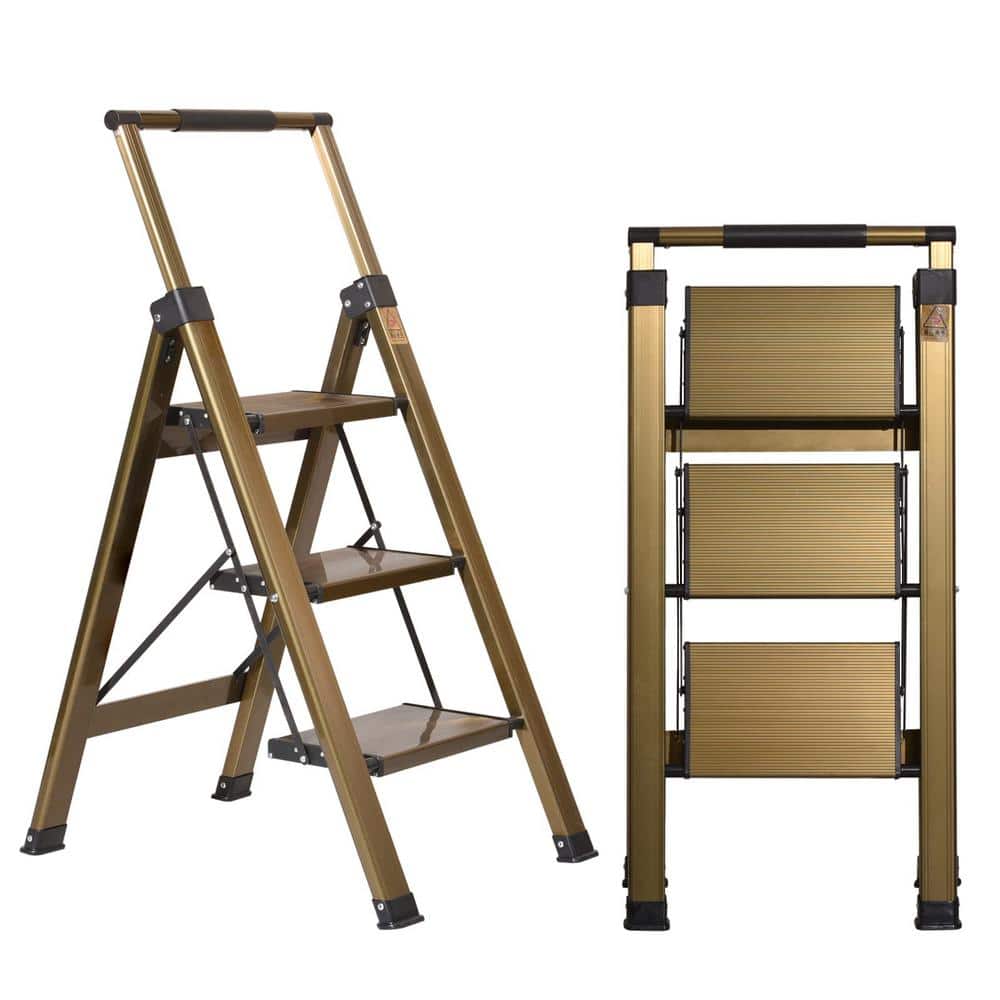 3.45 ft. Aluminum Brown Gold 3 Step Stool with Retractable Handrail, 330 lb