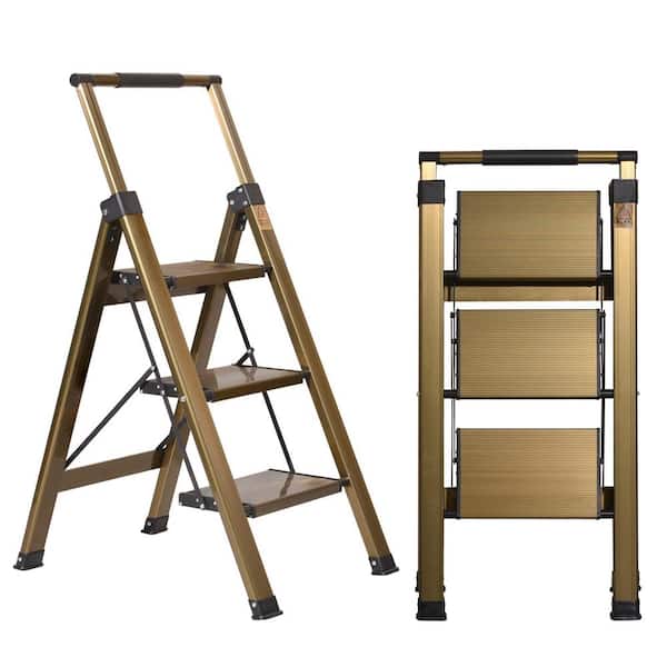 3.45 ft. Aluminum Brown Gold 3 Step Stool with Retractable Handrail, 330 lb. Folding Stool Ladders for Garage Library